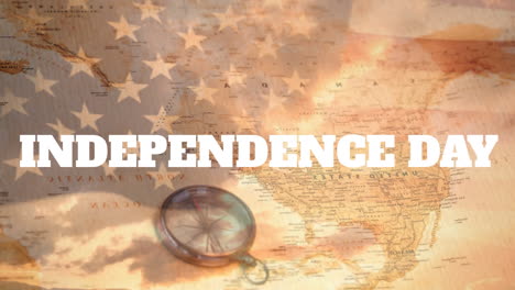 Animation-of-independence-day-text-and-flag-of-american-over-navigational-compass-and-map