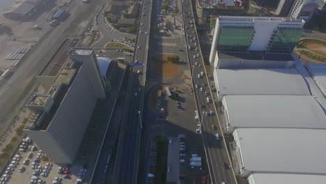 Aerial-view-of-a-cityscape-with-highway