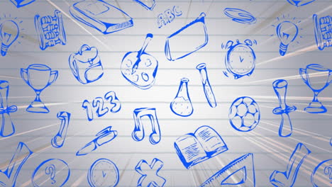 Animation-of-multiple-school-concept-icons-and-light-trails-against-white-lined-paper-background