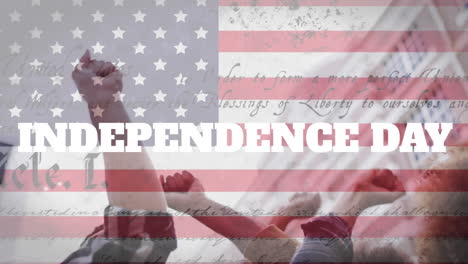 Animation-of-independence-day,-united-states-constitution-over-diverse-protestors-raising-hands