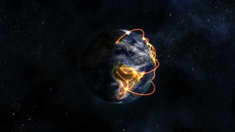Animated-Earth-with-orange-links-and-clouds,-zooming-in,-image-from-Nasa.org.