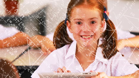 Animation-of-mathematical-equations-over-portrait-of-caucasian-girl-using-tablet-smiling-at-school