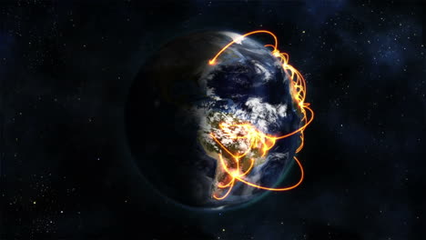 Tierra-Sombreada-Y-Nublada-Con-Conexiones-Naranjas-Girando-Sobre-Sí-Misma-Con-Imagen-De-La-Tierra-Cortesía-De-La-NASA.