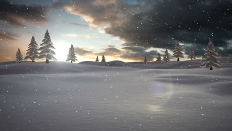 Animation-of-beautiful-winter-landscape-against-sunset