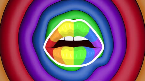Animation-of-mouth-with-rainbow-lips-over-moving-colourful-concentric-rings
