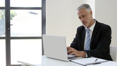 Sitzender-Geschäftsmann-Tippt-Auf-Seinem-Laptop