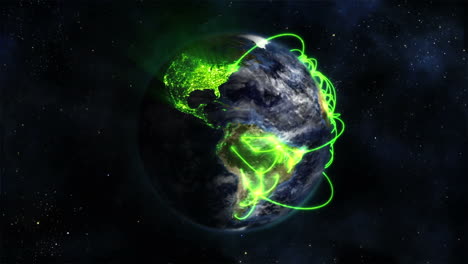 Animated-Earth-with-green-links-and-clouds,-image-courtesy-of-Nasa.org,-set-against-stars.