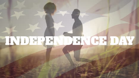 Animation-of-independence-day-text,-flag-of-america,-diverse-man-proposing-girlfriend-at-beach
