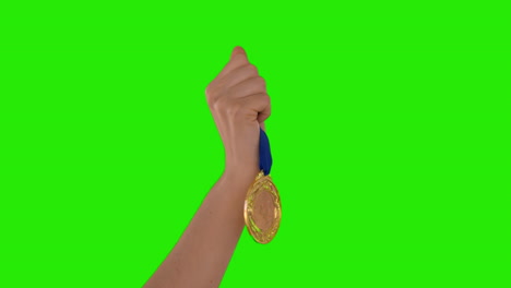 Hand-Hält-Eine-Medaille-