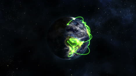 NASA.org''s-Earth-image-shows-a-shaded-globe-with-green-links-and-moving-clouds,-sans-stars.