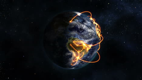 Animierte-Erde-Mit-Orangefarbenen-Linien-Und-Wolken,-Herauszoomen,-Bild-Von-Nasa.org.