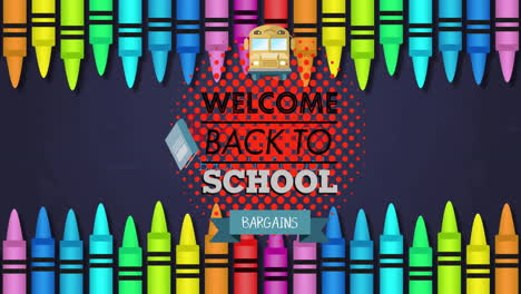 Animation-of-welcome-back-to-school-text-over-crayons