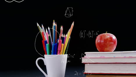 Animation-of-mathematical-equations-floating-against-school-equipment-on-grey-surface