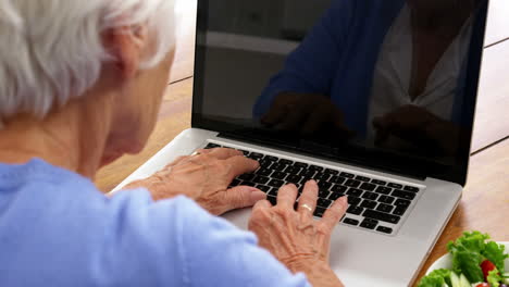 Close-up-mature-woman-using-a-laptop-with-a-salad-putting-on-the-table