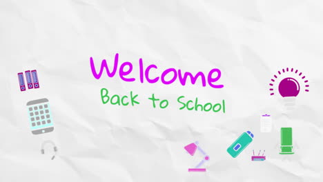 Animation-Des-Willkommenstextes-Zurück-Zur-Schule-Mit-Symbolen-Für-Schulgegenstände-Auf-Weißem-Hintergrund