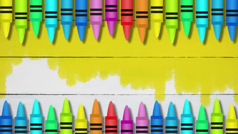 Animation-of-colored-crayons-against-yellow-painted-wooden-background-with-copy-space