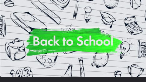 Animation-of-back-to-school-text-banner-against-page-turning-effect-over-school-concept-icons