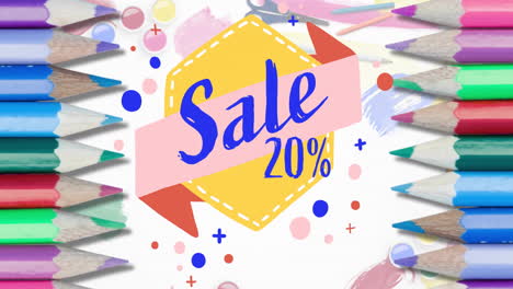 Animation-of-back-to-school-sale-20-percent-text-over-crayons