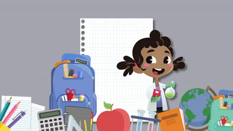 Animation-of-african-american-school-girl,-school-concept-icons-and-blank-paper-with-copy-space