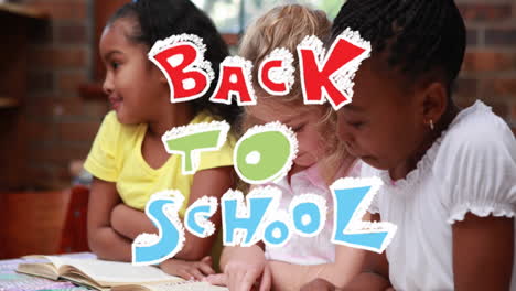Animation-of-back-to-school-text-over-diverse-girls-reading-books-in-school