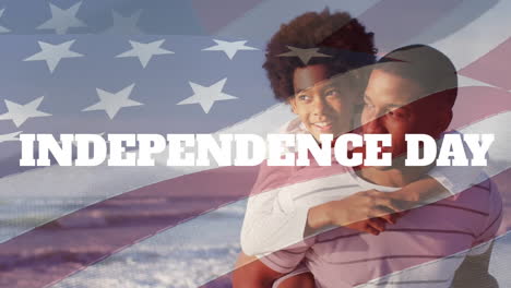 Animation-of-independence-day-text,-flag-of-america,-african-american-father-piggybacking-daughter