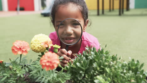 In-school,-a-young-African-American-girl-examines-flowers-with-a-magnifying-glass