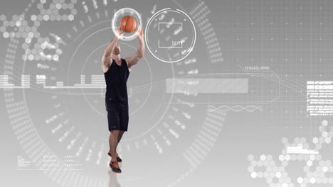 Athlete-playing-basketball-against-animated-background