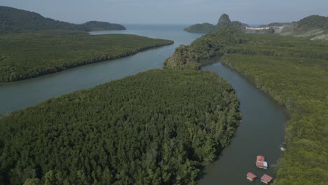 Amazing-aerial-view-flight-of-a-tranquil-mangrove-village-with-boats-moored-along-a-winding-river-next-to-a-lush-green-forest