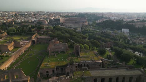 Aerial-Pullback-Reveals-Palatine-Hill-with-Roman-Colosseum-in-Background