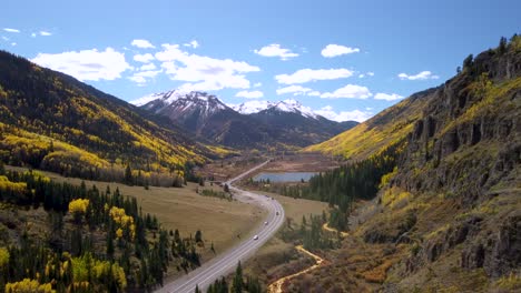 Million-Dollar-Highway-running-through-the-Rocky-Mountains-lined-with-golden-aspen-trees-in-the-fall-to-snowcapped-mountains