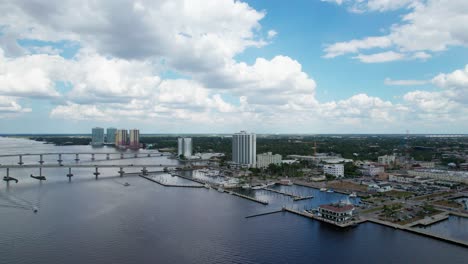 Beautiful-drone-shot-showing-high-rise-condos-in-downtown-Fort-Myers,-Florida