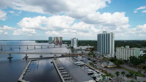 Drone-aerial-shot-of-high-rise-condos-and-the-Cape-Coral-bridge-in-Florida