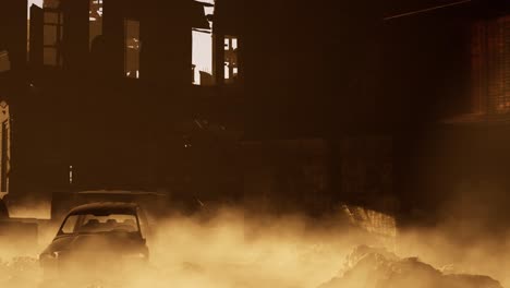 Eine-Dystopische-Zerstörte-Ruinenstadt-Bei-Sonnenuntergang,-Mit-Schutt,-Beschädigten-Autos,-Rauch-Und-Feuer,-3D-Animation,-Animierte-Szene,-Kamerawagen-Links