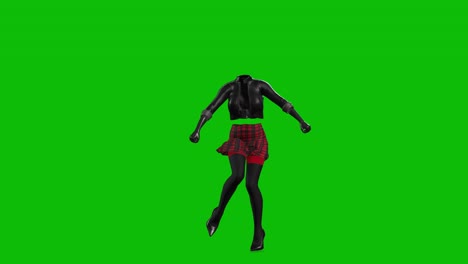 3D-unbesiegbare-Frau-Mit-Lederjacke,-Kurzem-Rock-Und-High-Heels,-Tanzt-Auf-Grünem-Bildschirm,-3D-Animation