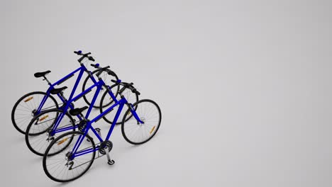 Drei-Blaue-3D-Fahrräder-Auf-Weißem-Hintergrund,-3D-Animation,-Kamerawagen-Langsam-Nach-Rechts