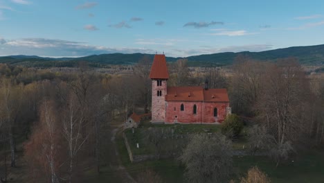 Flying-closer-to-the-church-of-saint-Mikulas-in-Boletice-near-Cesky-Krumlov