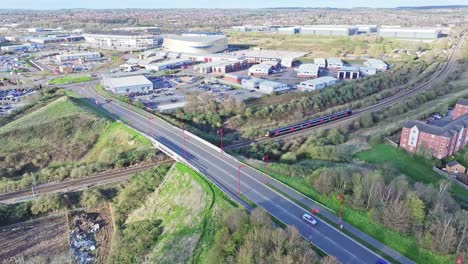 Un-Ferrocarril-Pasa-Por-Encima-De-Pride-Parkway-A6,-Cerca-Del-Estadio-Del-Derby.