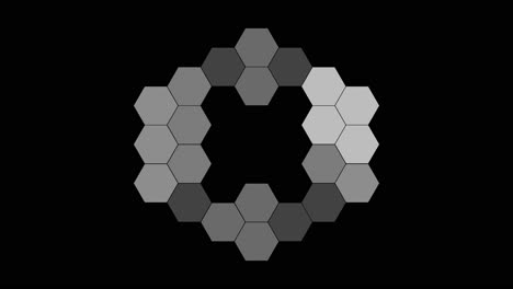 Flashing-geometric-composition-of-white-and-grey-hexagons-on-black-background