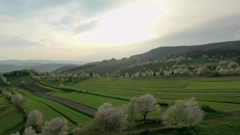 Drone-captures-vibrant-spring-scenery-in-Central-Slovakia's-hilly-terrain-near-Hrinova