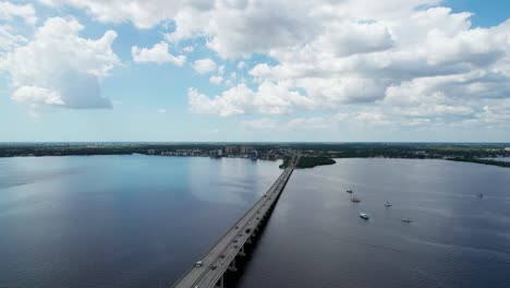 High-altitude-drone-shot-looking-over-the-bridge-from-Fort-Myers-to-Cape-Coral