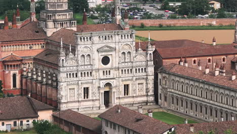 Aerial-view-of-Certosa-di-Pavia-cathedral-a-historical-monumental-complex-close-up