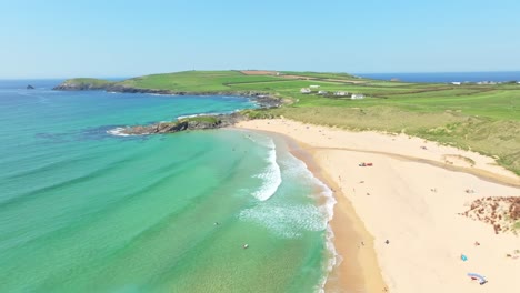 Constantine-Bay-with-Pristine-Beach-Coastline-in-Cornwall-with-an-Aerial-Drone-Overhead,-United-Kingdom