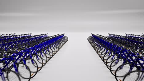 Filas-De-Muchas-Bicicletas-Azules-En-3D-Sobre-Fondo-Blanco,-Animación-En-3D,-Plataforma-Rodante-De-Cámara-Al-Revés