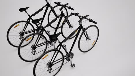 Three-black-3D-bicycles-on-white-background,-3D-animation,-camera-zoom-out-slowly