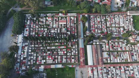 Top-Down-drone-view-of-Holy-Cross-Cemetery,-Central-Salta-Argentina