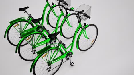 Three-green-3D-bicycles-on-white-background,-3D-animation,-camera-zoom-out-slowly
