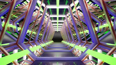 Sci-fi-futuristic-long-tunnel-with-metallic-surfaces-and-neon-lights-glowing,-3D-animation,-camera-zoom-in