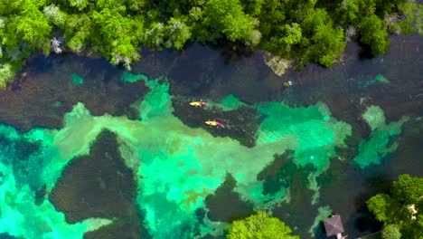 Langsam-über-Den-Kristallklaren-Regenbogenfluss-Fliegen-Mit-Kajaks-Und-Schwimmern-Darunter