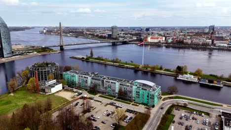 Drohnen-Zeigen-Lettlands-Hauptstadt-Riga-Im-Zunds-Fluss-Aus-Der-Luft,-Panoramaaussicht-Auf-Die-Uferpromenade