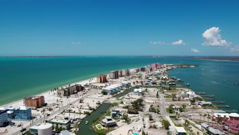 Drone-birds-eye-view-of-Fort-Myers-Island-on-a-sunny-day